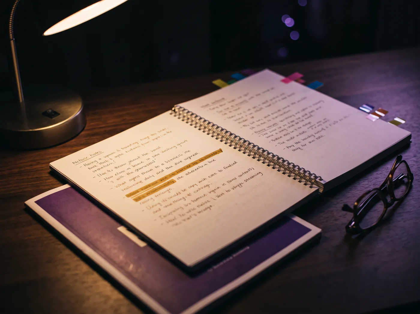 Caderno aberto com anotações, marcador dourado e material impresso